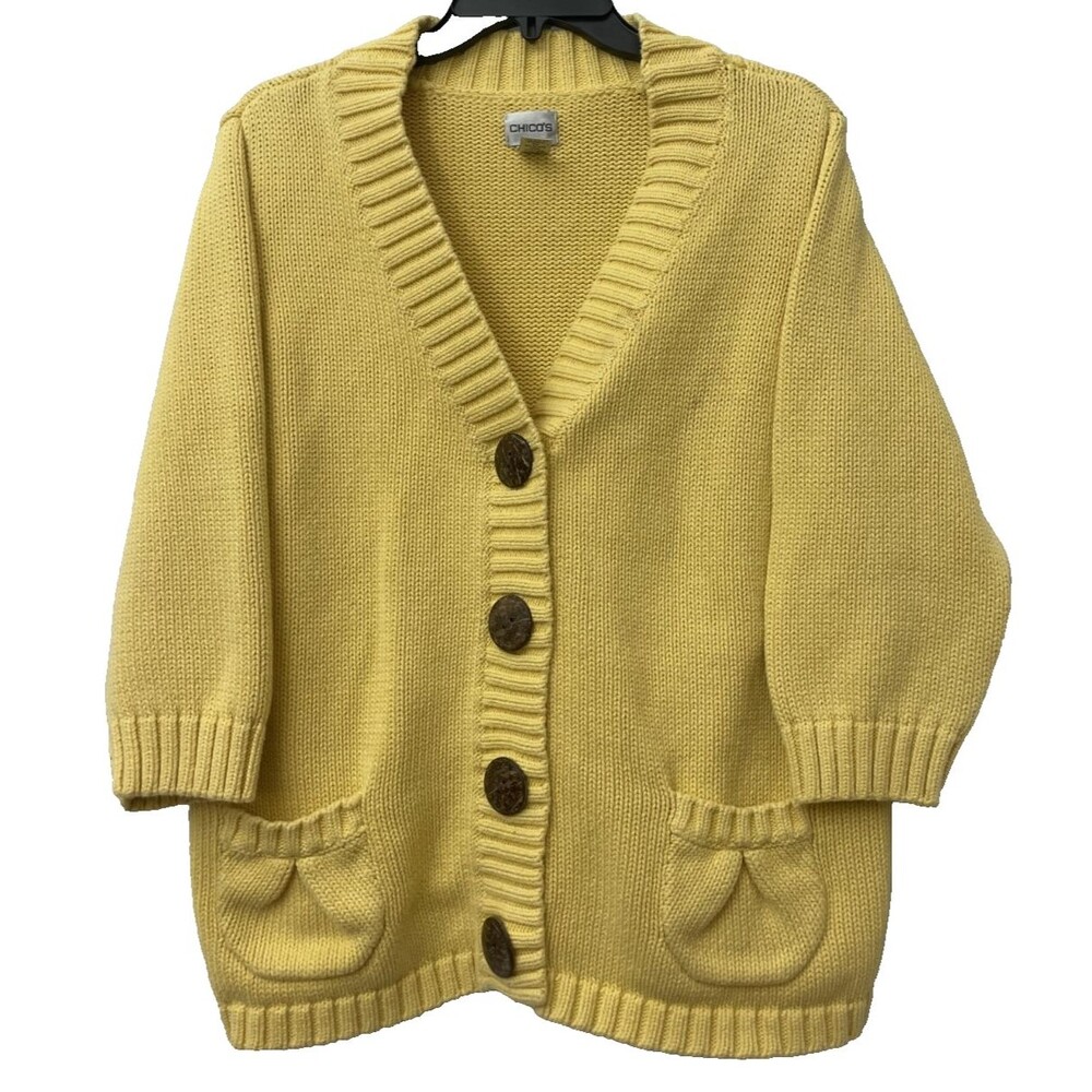 Chico's Cardigan Sweater Size 3 Cotton V-Neck Pockets Buttons Yellow Knit